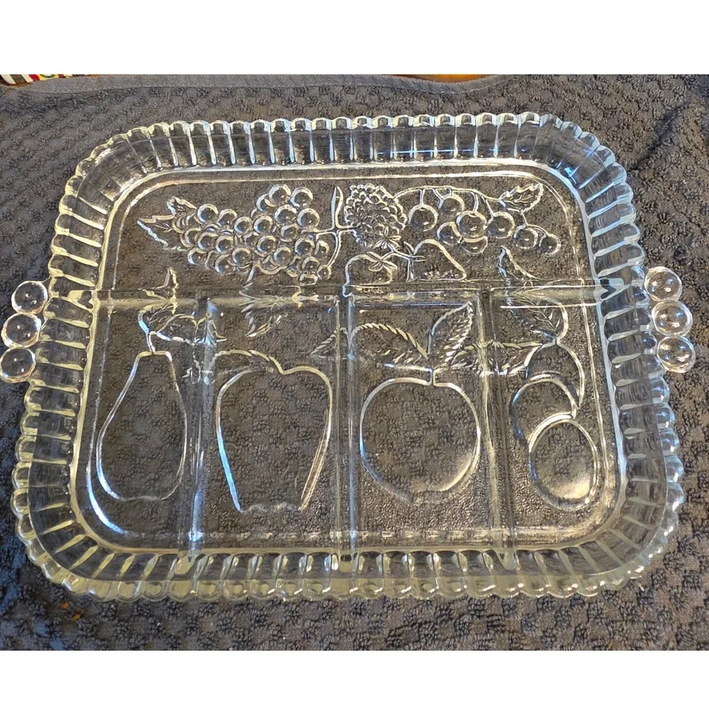 Vintage Indiana Glass Clear Pressed Glass Divided Relish Dish with Handles